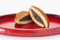 Japanese Dorayaki cake with red bean filling on bambo tray Royalty Free Stock Photo