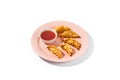 Japanese dumplings gyoza with sauce on ceramic pink plate. Fried chinese dumplings isolated on white background Asian appetizer - Royalty Free Stock Photo