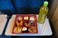 Japanese Eki Bento and a bottle of green tea on a Shinkansen Train in Japan. Royalty Free Stock Photo