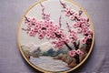 Japanese Embroidery Captures The Elegance Of Cherry Blossoms And Nature. Generative AI