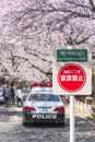 Japanese road sign prohibiting gatherings under cherry trees with a police car in Japan.