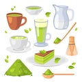 Japanese ethnic and national tea ceremony. Collection of matcha tea products. Matcha powder, tea cup, bamboo spoon, biscuit,