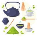 Japanese ethnic and national tea ceremony. Collection of matcha tea products. Matcha powder, teapot, bamboo spoon, tea leaves,