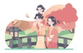 Japanese family outdoors. Happy asian family in traditional clothes Royalty Free Stock Photo