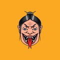 Japanese female geisha with snake tongue. Screaming Scary woman. Chinese Mythological or Asian symbol for tattoo or Royalty Free Stock Photo