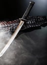 Japanese fighting sword on a black