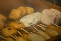 Japanese fish cakes in a market stall in Nishiki fish market in Kyoto, Japan. Royalty Free Stock Photo