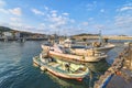 Japanese fisherman`s boats moored in the Tsuyazaki fishing port of Fukutsu city in the Kyushu island at evening.