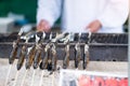 Japanese Fishes grilling, Delicious traditional food in Arashiyama, Kyoto, Japan. Asia travel and Street food concept Royalty Free Stock Photo