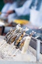 Japanese Fishes grilling, Delicious traditional food in Arashiyama, Kyoto, Japan. Asia travel and Street food concept Royalty Free Stock Photo