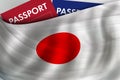 Japanese flag background and passport of Japan. Citizenship, official legal immigration, visa, business and travel concept