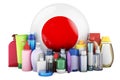 Japanese flag with cosmetic bottles, Hair, facial skin and body care products. 3D rendering