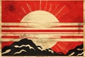 A Japanese flag rendition in the style of a Ukiyo-e Japanese woodblock print