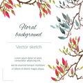 Japanese floral frame for text. Pink plum flowers on a white background. Vector illustration