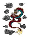 Japanese red dragon tattoo.Dragon on red background for Chinese New Year.Gold Chinese Dragon vector. Royalty Free Stock Photo