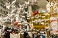 Japanese folded Origami cranes hanging on with strings. Hundreds handmade paper birds isolated with copy space. 1000