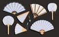 Japanese folding fans. Hand round traditional chinese items, decoration wooden objects, uchiwa and sensu. Geisha Royalty Free Stock Photo