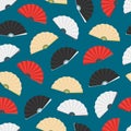 Japanese Folding Paper Fan Seamless Pattern Background. Vector