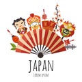 Japanese folding red and golden stripped fan with cherry blossom, dolls and masks, japanese symbols vector illustration Royalty Free Stock Photo