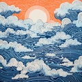 Japanese Folk Art Inspired Sunset And Ocean Waves Tile Design