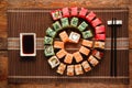 Japanese food art. Great sushi rolls set, flat lay Royalty Free Stock Photo