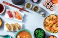 Japanese food background with a place for text. Cuisine of Japan, overhead flat lay shot Royalty Free Stock Photo