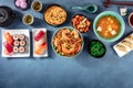 Japanese food banner with copy space. Sushi, miso soup, udon, tea etc, overhead shot Royalty Free Stock Photo