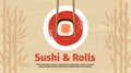 Japanese food banner, sushi and roll advertising template. Bamboo chinese texture on background, asian bento menu, asia