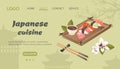 Japanese food banner. Traditional oriental dish closeup with nigiri sushi roll, sashimi raw fish, seafood, shrimp, avocado, sakura Royalty Free Stock Photo