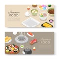 Japanese food banners set asian cuisine with sushi rolls, sashimi, noodle and miso soup cartoon vector illustration. Royalty Free Stock Photo