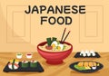 Japanese Food Cartoon Illustration with Various Delicious Dishes in the Restaurant such as Sushi on a Plate Royalty Free Stock Photo