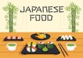 Japanese Food Cartoon Illustration with Various Delicious Dishes in the Restaurant such as Sushi on a Plate Royalty Free Stock Photo