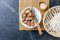 Japanese food. Chicken teriyaki with rice. slate background, top view Royalty Free Stock Photo