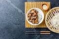 Japanese food. Chicken teriyaki with rice. slate background, top view Royalty Free Stock Photo