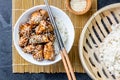 Japanese food. Chicken teriyaki with rice. slate background, top view Royalty Free Stock Photo