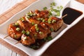 Japanese food: chicken yakitori on skewers close-up. Horizontal Royalty Free Stock Photo