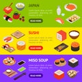 Japanese Food Concept Banner Horizontal Set 3d Isometric View. Vector