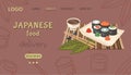 Japanese food delivery. Asian banner. National dish closeup with kawaii nigiri sushi, chopsticks, sauce, vassabi. Vector