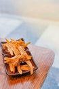 Japanese food, fried fishbones in small plate