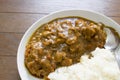 Japanese food fried pork tongkatsu curry with wood pattern (Katsukare)