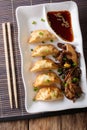 Japanese food: gyoza with shiitake salad and soy sauce close-up. Vertical top view Royalty Free Stock Photo