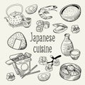 Japanese Food Hand Drawn Background. Japan Traditional Cuisine. Sushi Bar Menu Outline Doodle Royalty Free Stock Photo