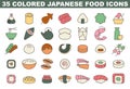 Japanese food icon set. Simple colored symbols of asian cuisine.