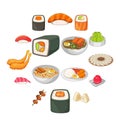 Japanese food icons set, cartoon style