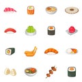 Japanese food icons set, cartoon style