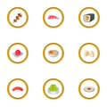 Japanese food icons set, cartoon style