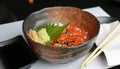 Japanese food, Japanese Steamed Rice Topping with Red salmon caviar served with Wasabi, Salmon roe bowl Royalty Free Stock Photo