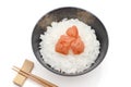 Japanese food, Karashi mentaiko on white rice Royalty Free Stock Photo