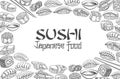 Japanese food menu layout, outline monochrome vector illustration of seafood sushi rolls