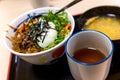 Japanese food and miso soup with hot tea